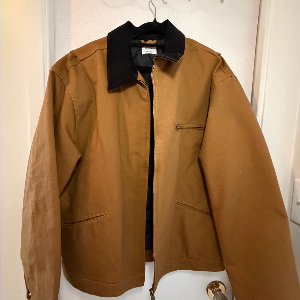 Woman Tan Work Jacket with Black Corduroy Collar